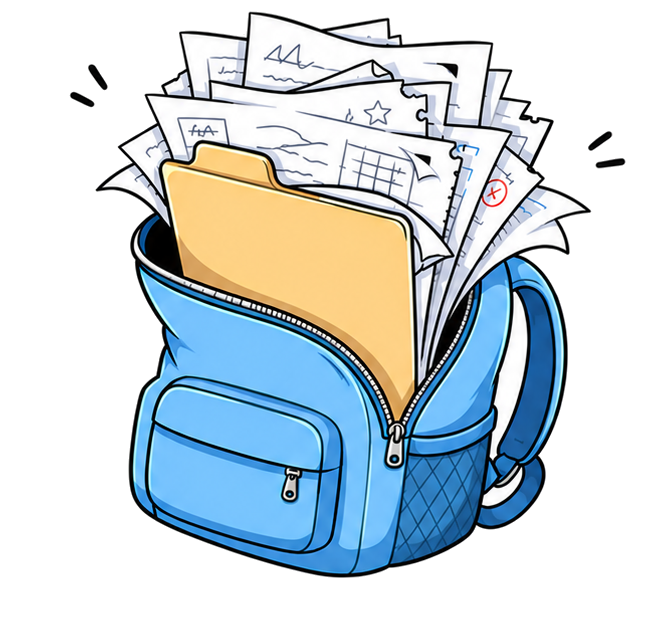 A backpack with a folder of school papers overflowing out of it
